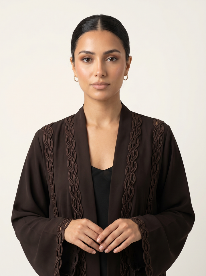 Espresso abaya - bust shot without hijab