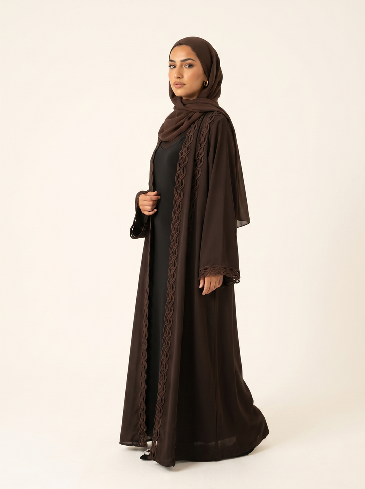 Espresso abaya - three-quarter view with hijab
