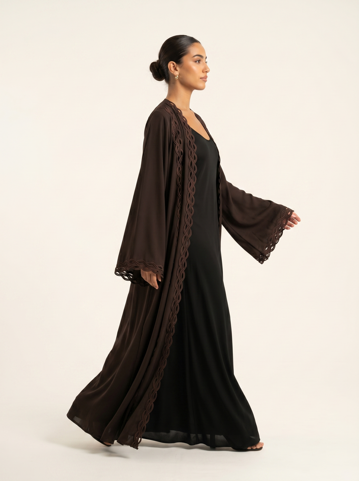 Espresso abaya - walking shot without hijab