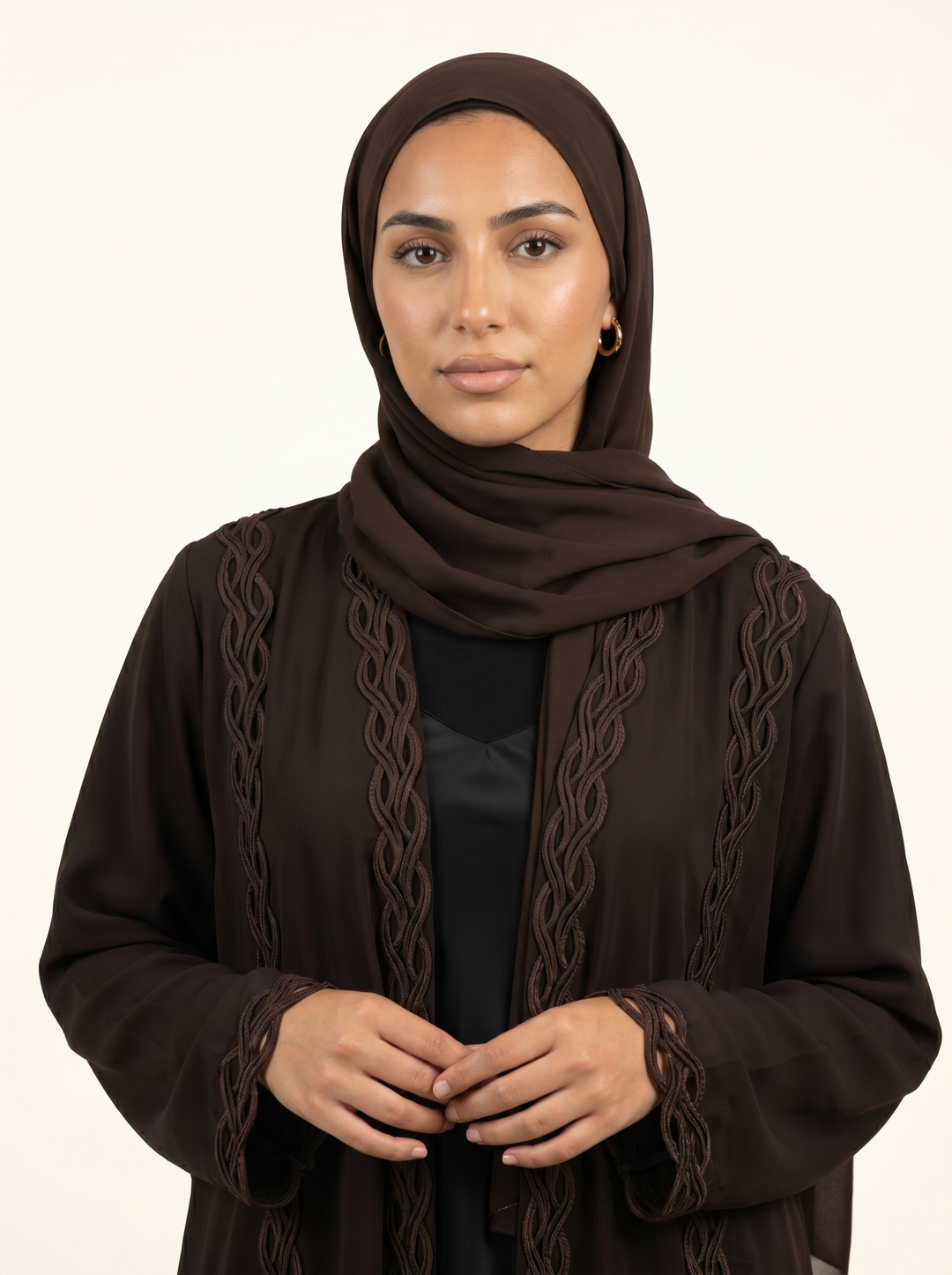 Espresso abaya - bust shot with hijab