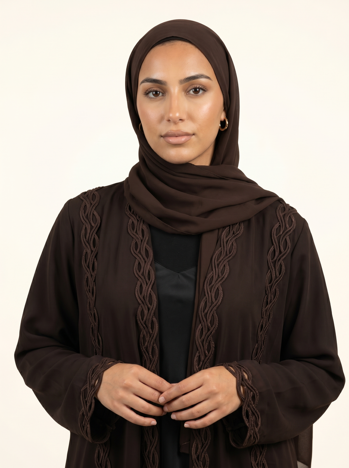 Espresso abaya - bust shot with hijab