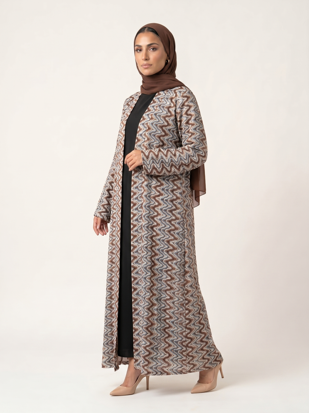 Earth Wave abaya - side profile with hijab