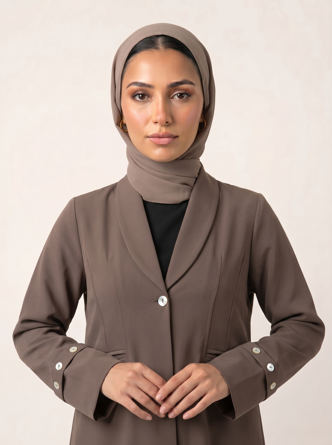 Melange abaya - bust shot with hijab