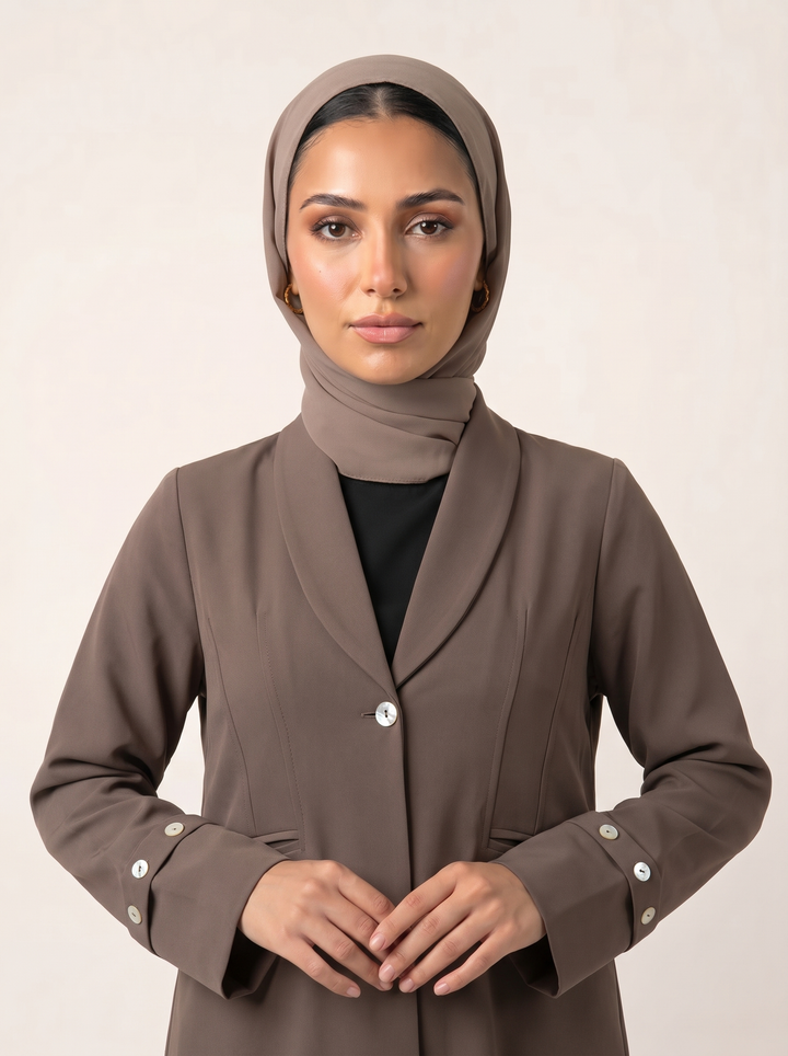 Melange abaya - bust shot with hijab