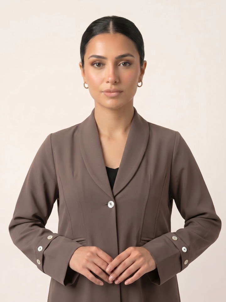 Melange abaya - bust shot without hijab