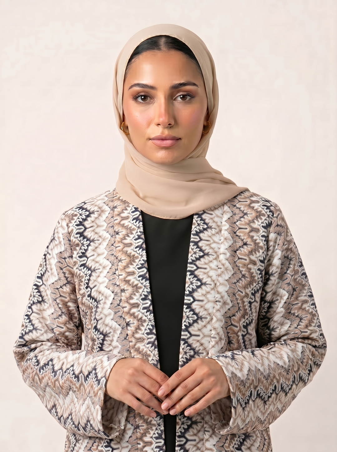 Sand Whisper abaya - bust shot with hijab
