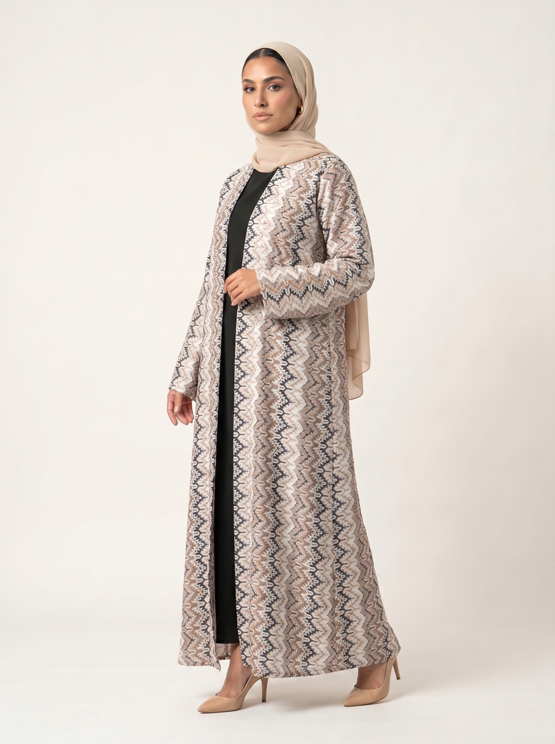 Sand Whisper abaya - side profile with hijab