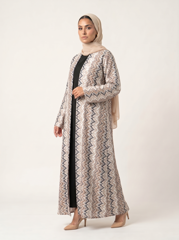Sand Whisper abaya - side profile with hijab