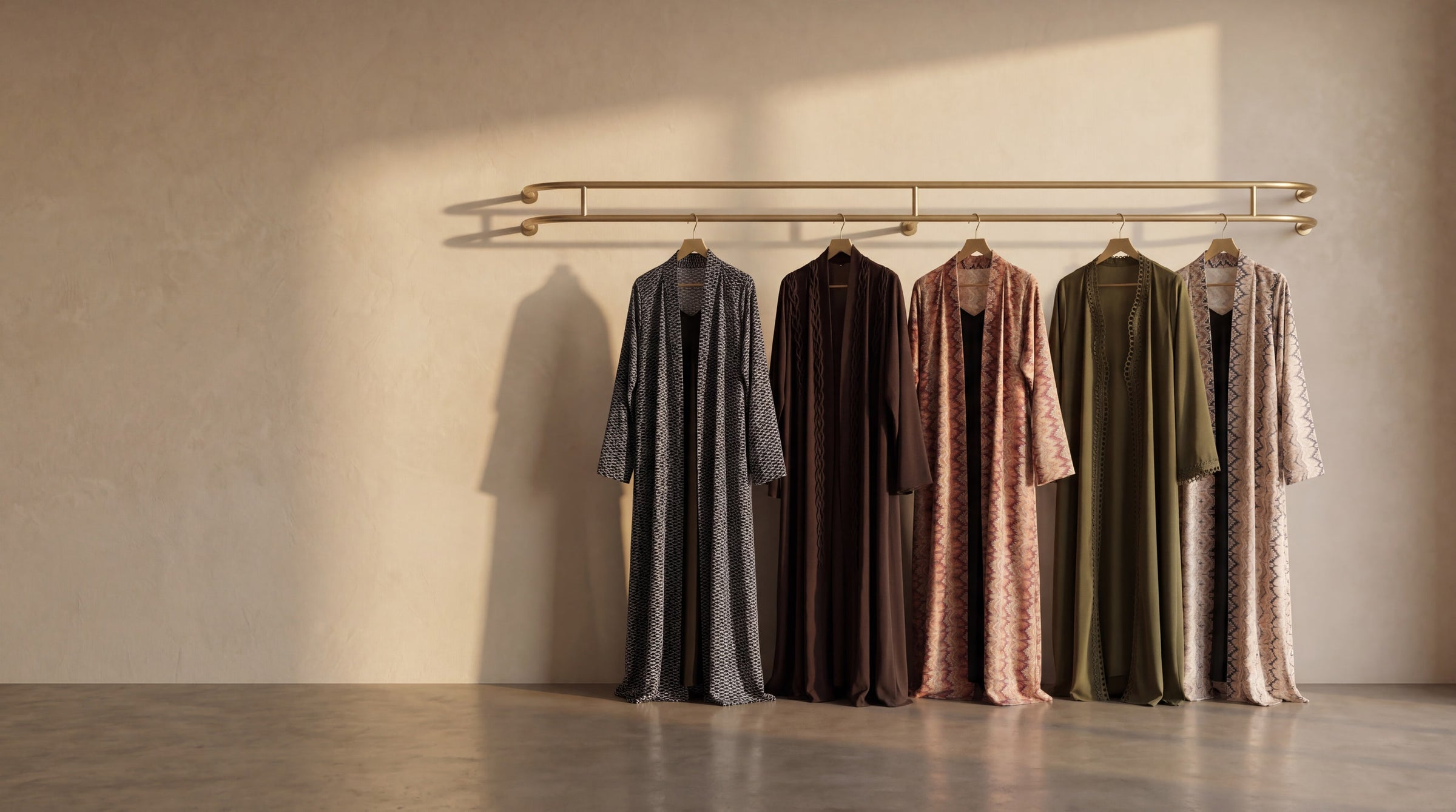 Travelled Threads luxury abaya hero — Midnight Thread, Espresso, Spice Weave, Zaytoun and Sand Whisper hanging on a brushed brass rack against a warm limewash wall